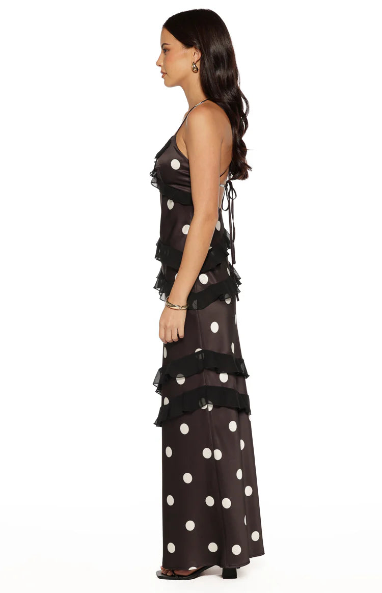 Inara Black Polka Dot Ruffle Maxi Dress - US 2
