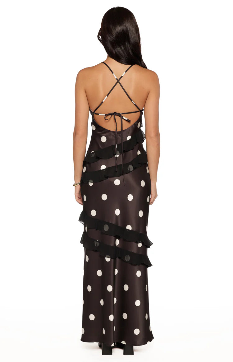 Inara Black Polka Dot Ruffle Maxi Dress - US 2 | Beginning Boutique Exclusive Inara Black Polka Dot Ruffle Maxi Dress - US 2 | Beginning Boutique Exclusive