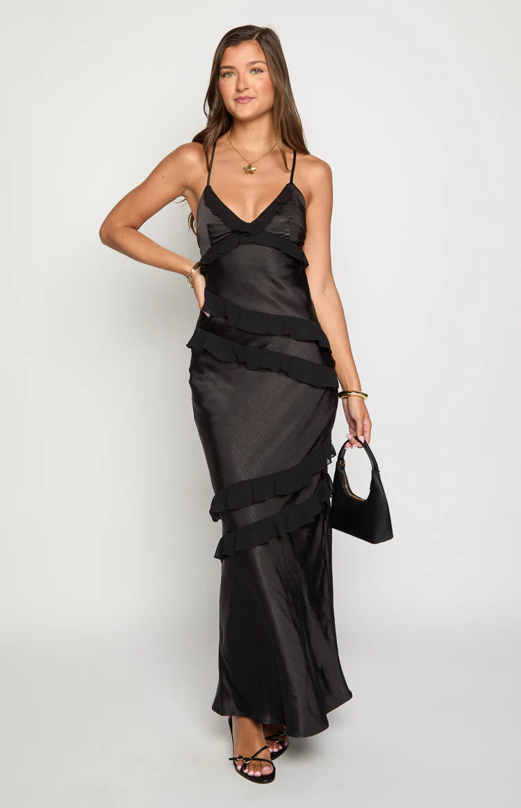 Inara Black Ruffle Maxi Dress - 16 | Beginning Boutique Exclusive Inara Black Ruffle Maxi Dress - 16 | Beginning Boutique Exclusive