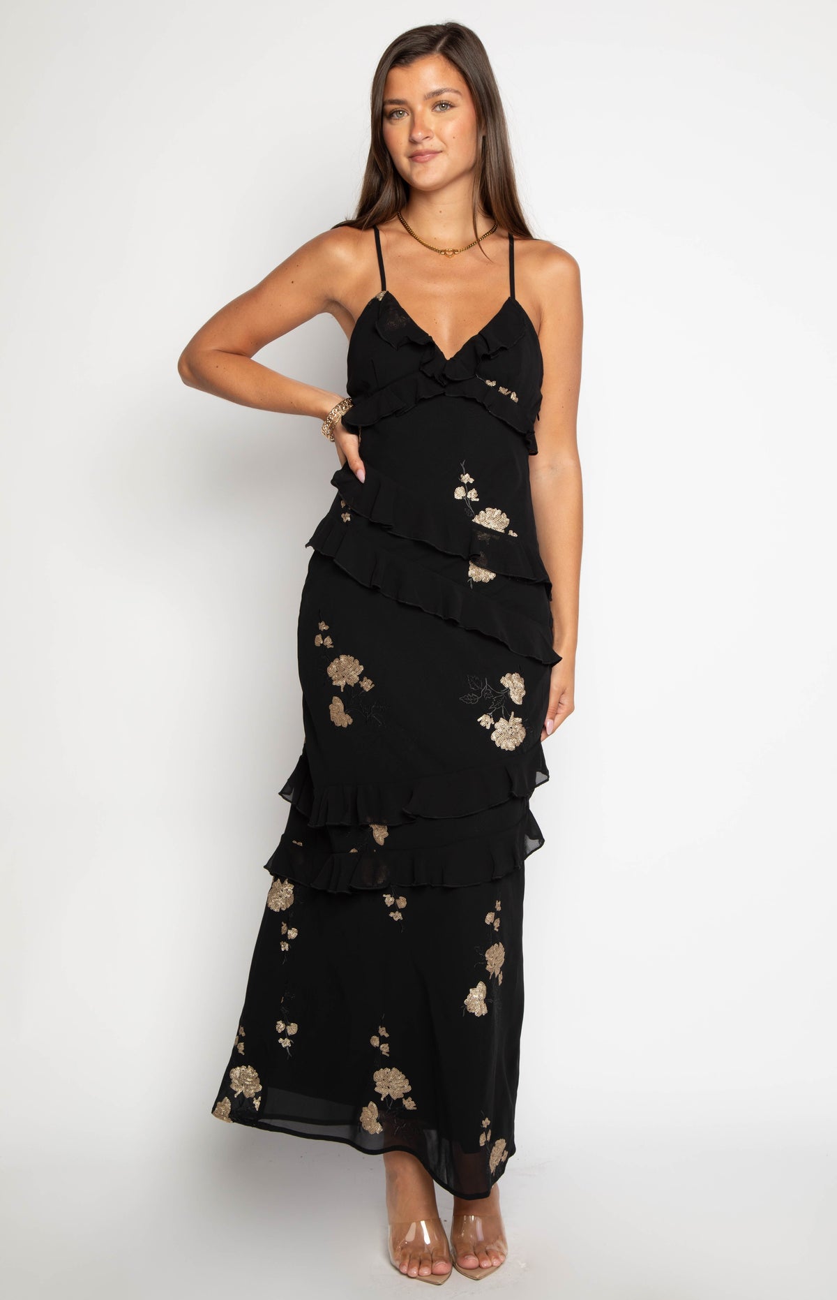 Inara Black Sequin Ruffle Maxi Dress