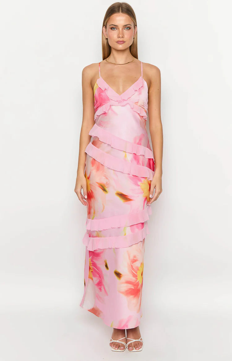 Inara Light Pink Floral Print Ruffle Maxi Dress - 18 | Beginning Boutique Exclusive Inara Light Pink Floral Print Ruffle Maxi Dress - 18 | Beginning Boutique Exclusive