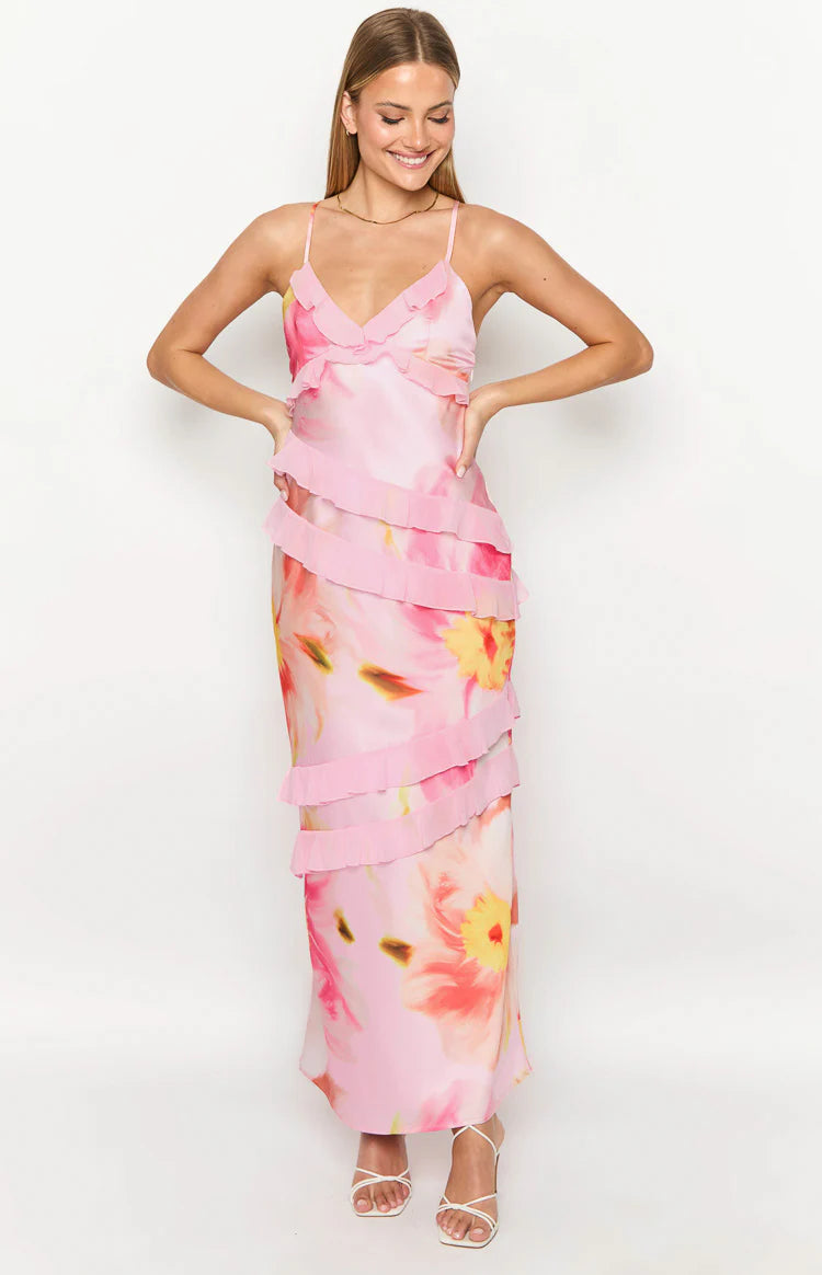 Inara Light Pink Floral Print Ruffle Maxi Dress - 18 | Beginning Boutique Exclusive Inara Light Pink Floral Print Ruffle Maxi Dress - 18 | Beginning Boutique Exclusive