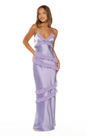 Beginning Boutique Inara Lilac Ruffle Maxi Dress lilac satin V-neck spaghetti strap maxi with cascading ruffles