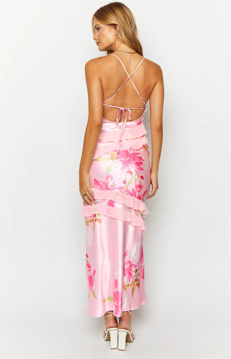 Inara Pink Floral Print Ruffle Prom Dress Image