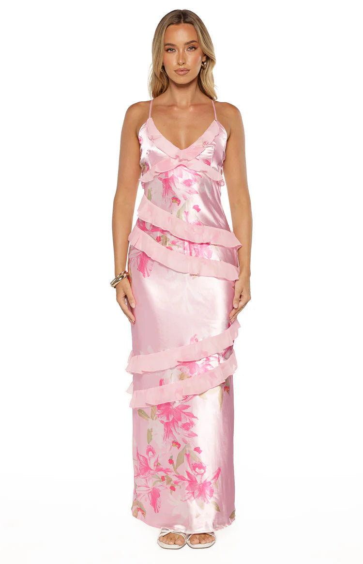 Inara Pink Floral Print Ruffle Prom Dress | Beginning Boutique US Inara Pink Floral Print Ruffle Prom Dress | Beginning Boutique US