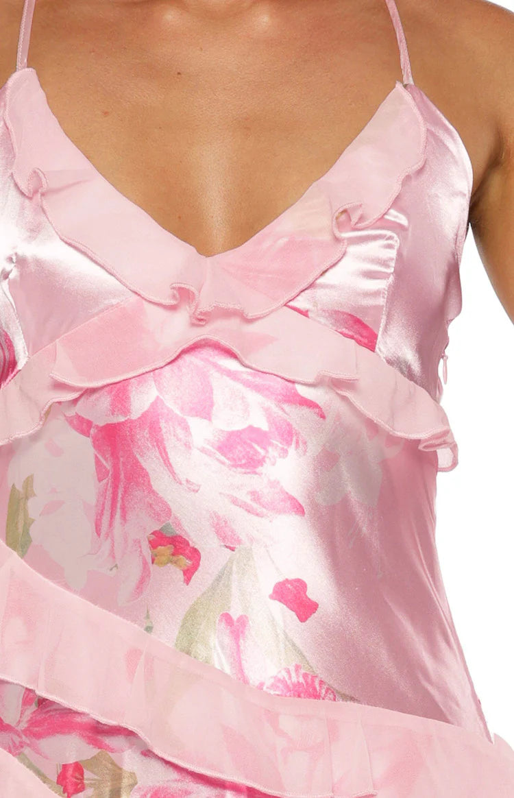 Inara Pink Floral Print Ruffle Prom Dress Image