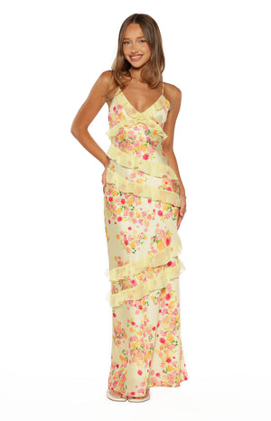 Beginning Boutique Inara Yellow Bloom Ruffle Maxi Dress yellow floral print V-neck spaghetti strap tiered ruffle maxi dress