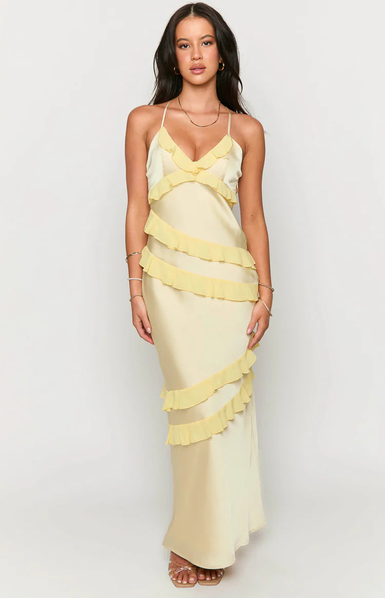 ruffle front tie maxi dress in yellow Inara - 8 Adjustable straps Kim Yellow Strapless Ruffle Maxi