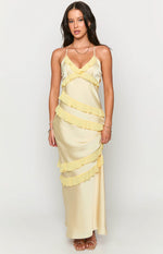 Front view of a pale yellow satin maxi dress with a V-neck and brighter yellow tiered ruffles