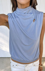Indie Dusty Blue Keyhole Button Top