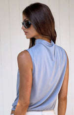 Indie Dusty Blue Keyhole Button Top