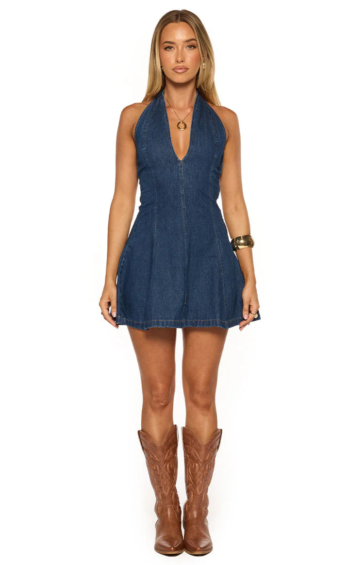 say goodnight denim halter mini dress mid wash Say Goodnight Denim Halter Mini Dress | Mid Wash | Womens