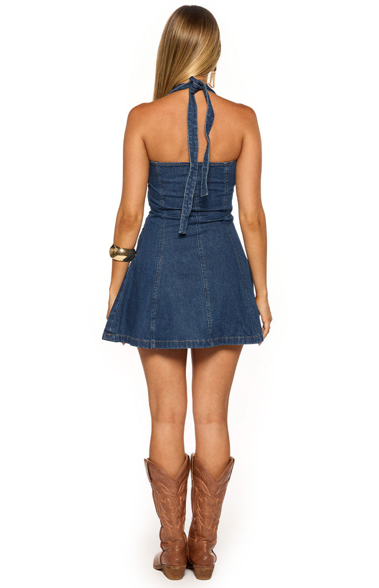 ワンピース MISTREASS Denim-like Mini Dress Isalin Mid Wash Denim Halter Mini Dress | Beginning Boutique US