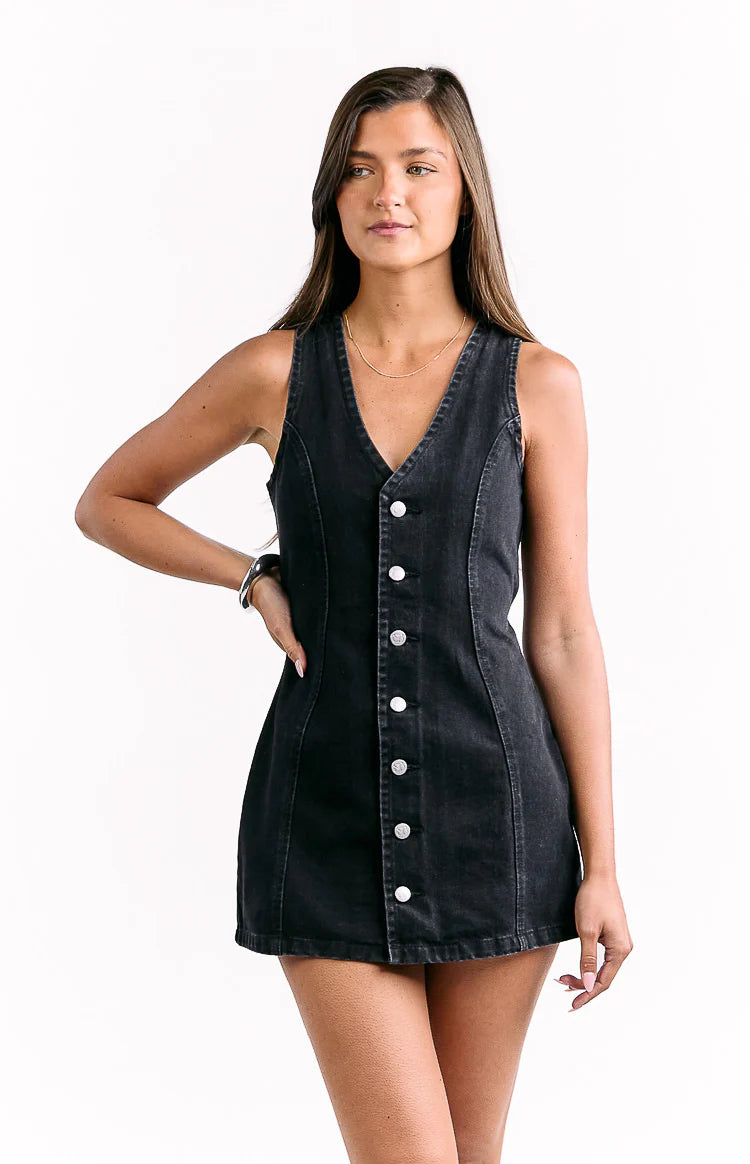 Isla Black Denim Mini Dress - 10 | Beginning Boutique Exclusive Isla Black Denim Mini Dress - 10 | Beginning Boutique Exclusive