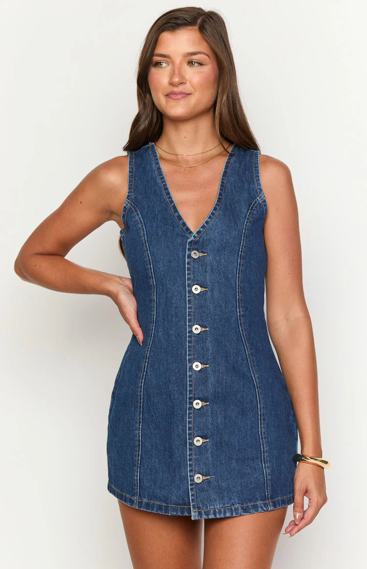 Isla Dark Wash Denim Mini Dress - US 6 | Beginning Boutique Exclusive Isla Dark Wash Denim Mini Dress - US 6 | Beginning Boutique Exclusive