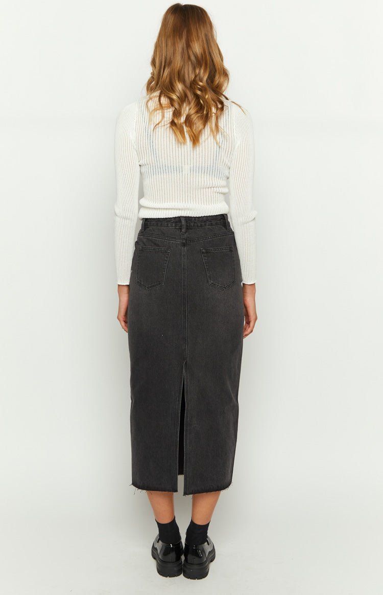 Isla Washed Black Denim Midi Skirt – Beginning Boutique US | Jerseyröcke