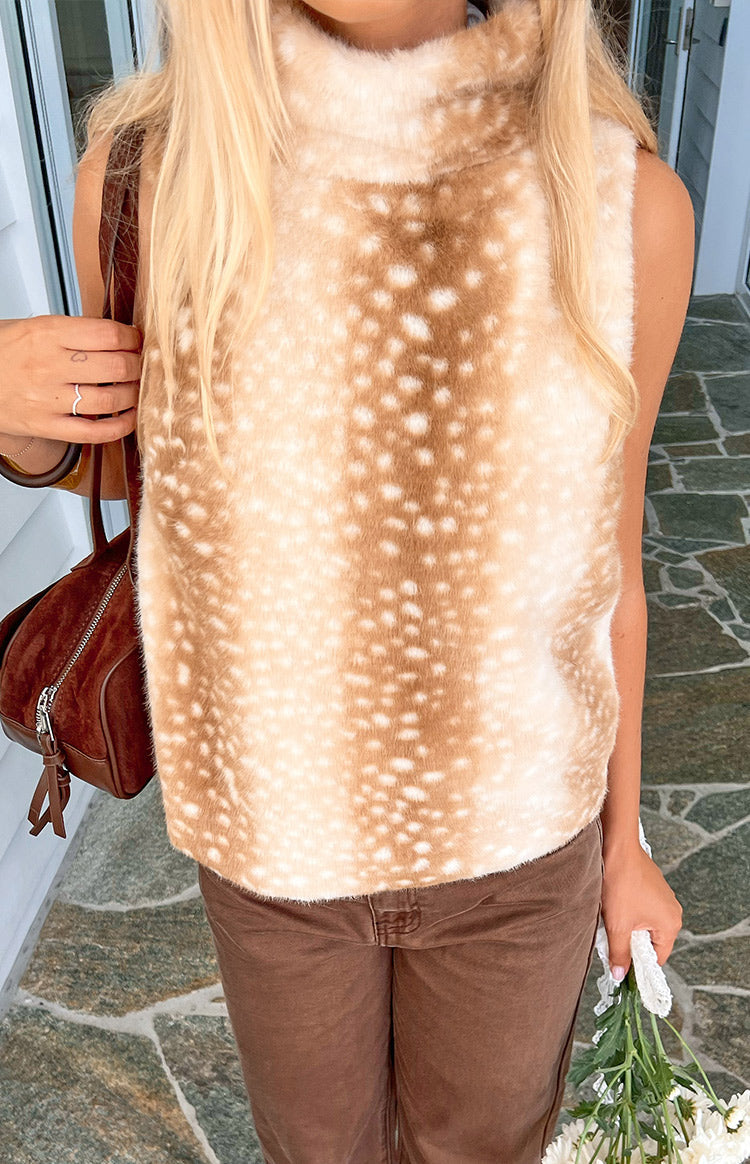Brown deer print fur high neck top with a soft, plush texture