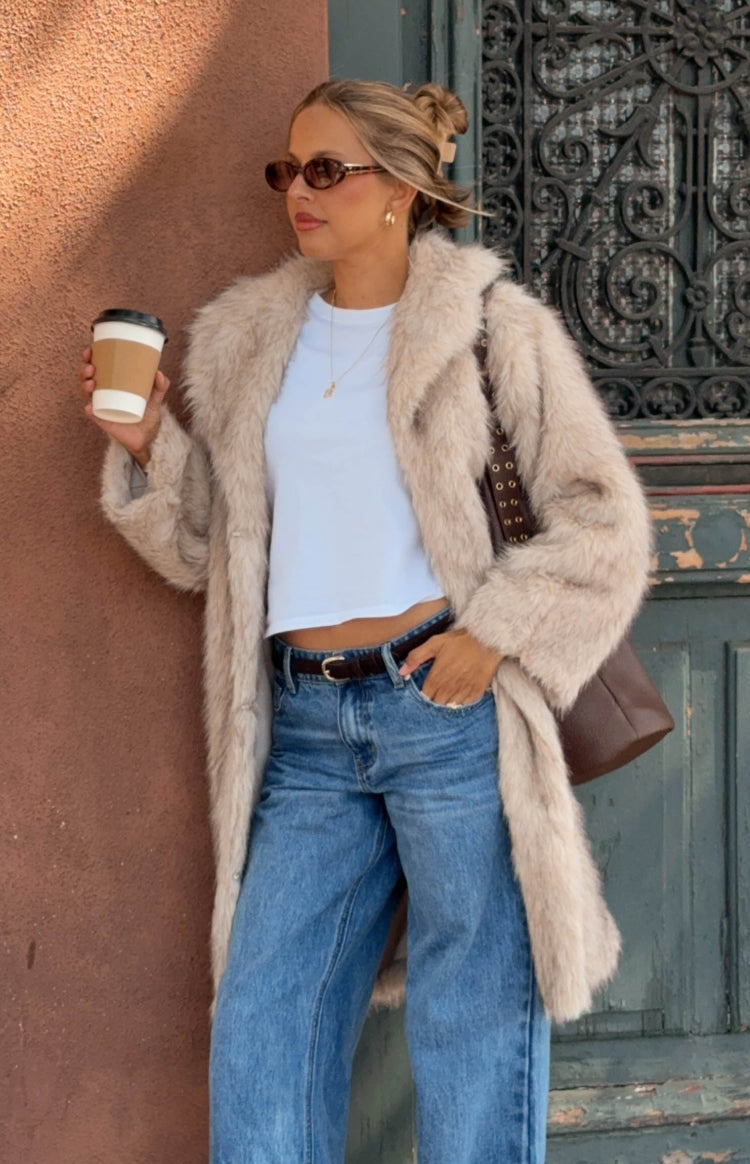 Beginning Boutique It Girl Sand Faux Fur Maxi Coat Sand faux fur maxi coat with wide lapel collar