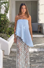 Ivette Blue Strapless Asymmetric Satin Top