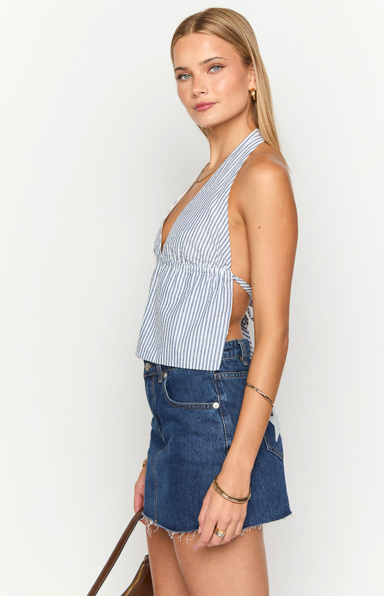 Izzie Navy Stripe Halter Neck Top Image