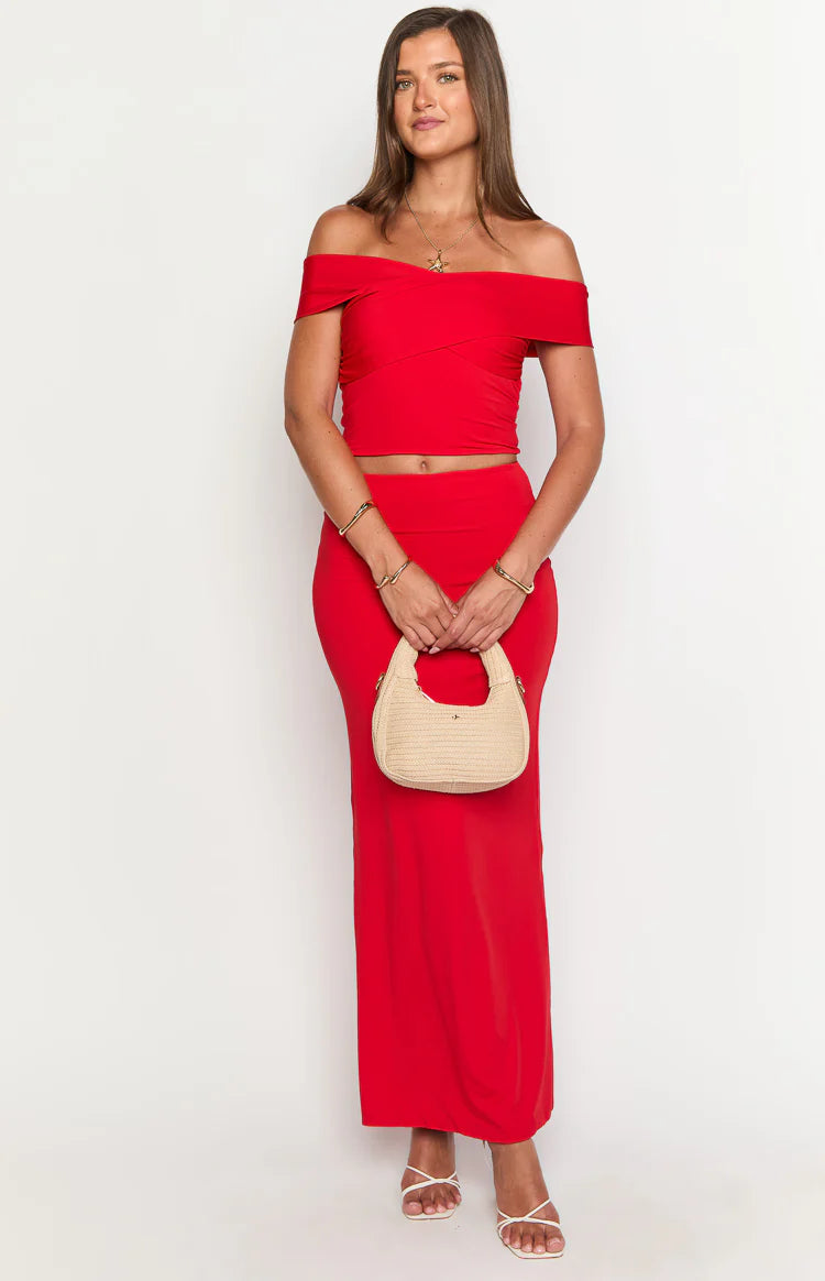 crop top red dress HYFVE Women's Soulful Glow Crop Top & Midi Skirt Set in Red