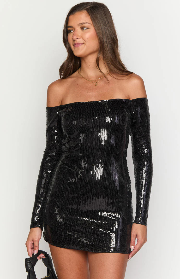 Jazmin Black Sequin Long Sleeve Mini Dress - US 6 | Beginning Boutique Exclusive Jazmin Black Sequin Long Sleeve Mini Dress - US 6 | Beginning Boutique Exclusive