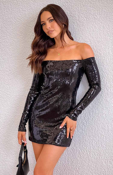 Jazmin Black Sequin Long Sleeve Mini Dress - US 6 | Beginning Boutique exclusive Jazmin Black Sequin Long Sleeve Mini Dress - US 6 | Beginning Boutique exclusive