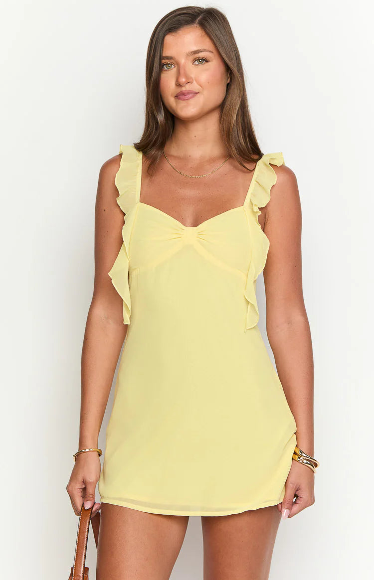 Joyce Yellow Chiffon Mini Dress - US 10 | Beginning Boutique Exclusive Joyce Yellow Chiffon Mini Dress - US 10 | Beginning Boutique Exclusive