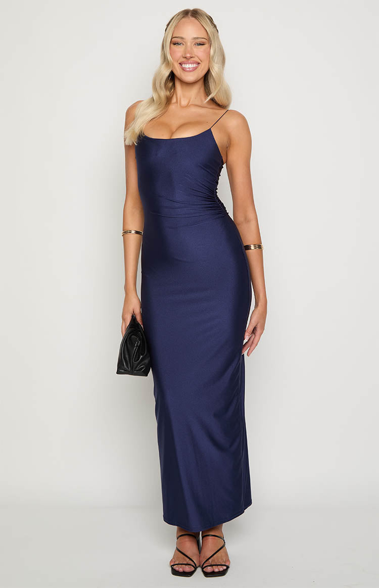 Navy blue scoop neck maxi dress with thin spaghetti straps and ruched side detail