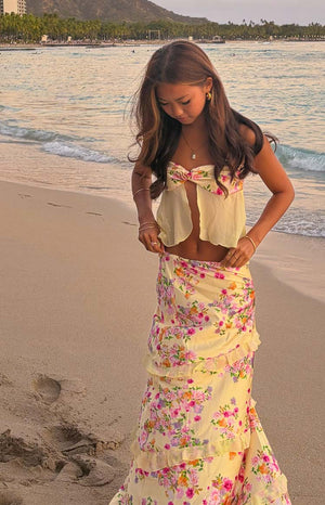 Beginning Boutique Saldana Yellow Bloom Maxi Skirt yellow floral tiered maxi skirt with ruffle details