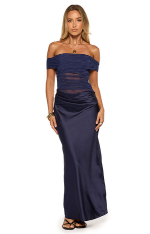 Beginning Boutique Jamilla Navy Off Shoulder Formal Maxi Dress navy off-shoulder ribbed mesh bodice with sheer panels and satin ruched maxi skirt
