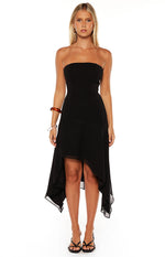 Black strapless midi dress with a fitted bustier bodice and an asymmetric hanky hem