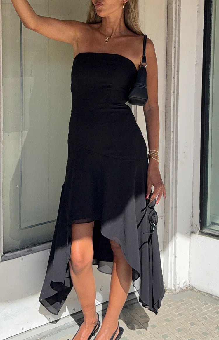 hanky hem midi dress Jannah Black Strapless Hanky Hem Midi Dress - US 8
