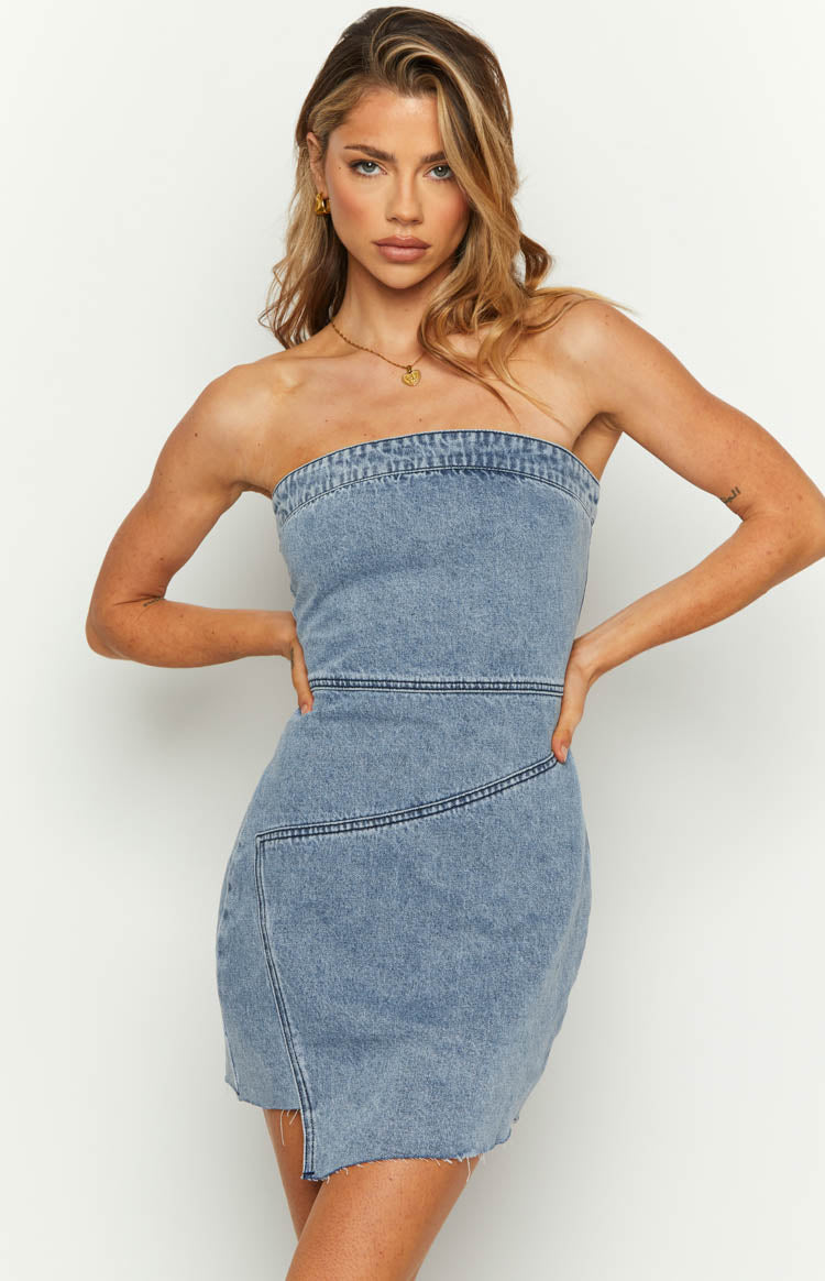 Jasmine Mid Wash Denim Wrap Front Mini Dress – Beginning Boutique US