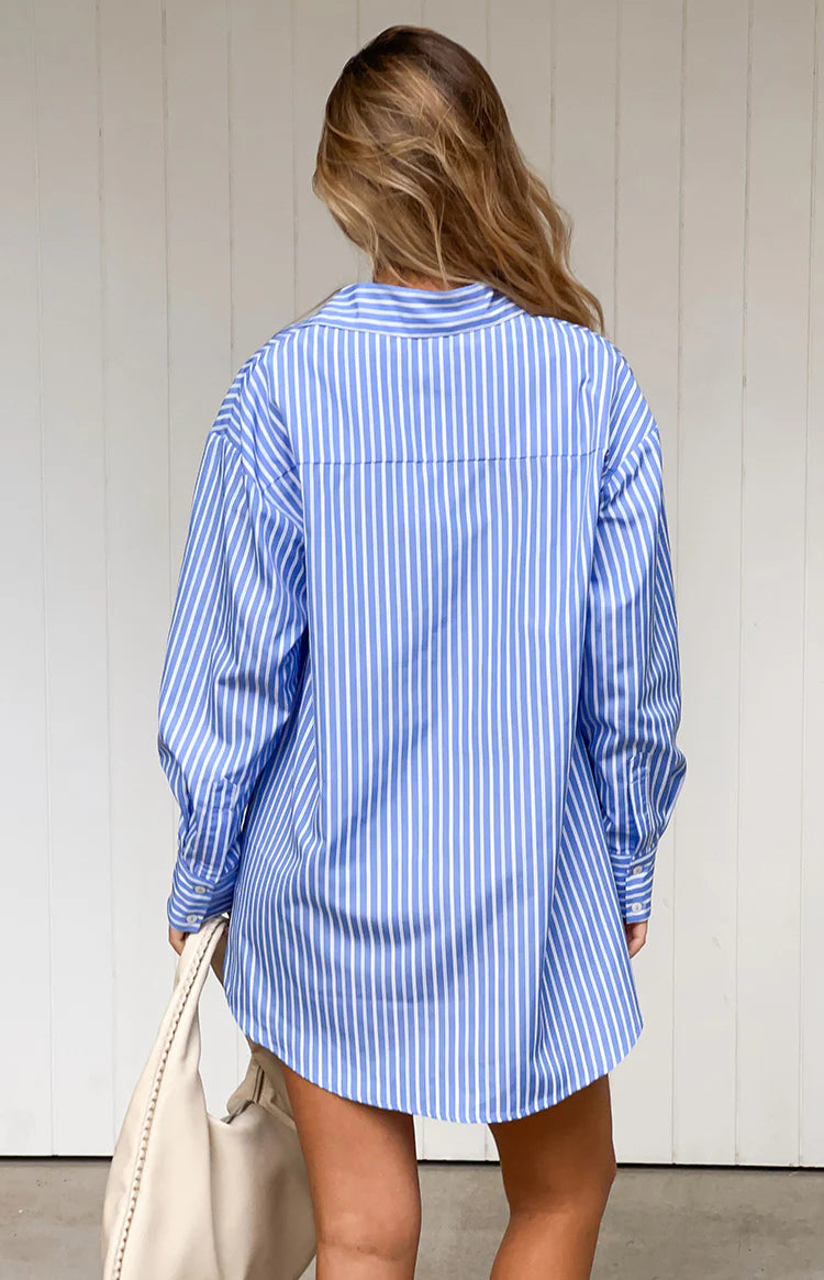 Jasper Blue Pinstripe Lace Up Shirt Dress - US 10 Jasper Blue Pinstripe Lace Up Shirt Dress - US 10