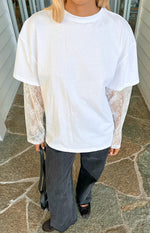 Beginning Boutique Jessica White Lace Long Sleeve Tee white oversized crew neck tee with sheer floral lace long sleeves
