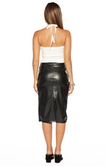 Rear view of a black PU midi skirt with a fitted silhouette and a back vent