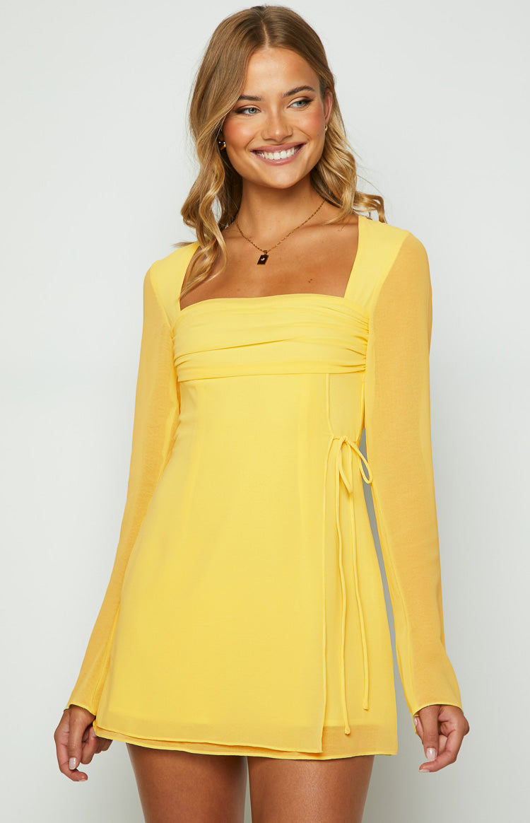 yellow mini dress long sleeve Junie Yellow Long Sleeve Mini Dress - US 14
