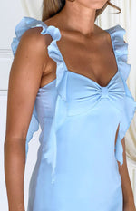 Light blue chiffon bodice with sweetheart neckline, central bow detail, and ruffled straps