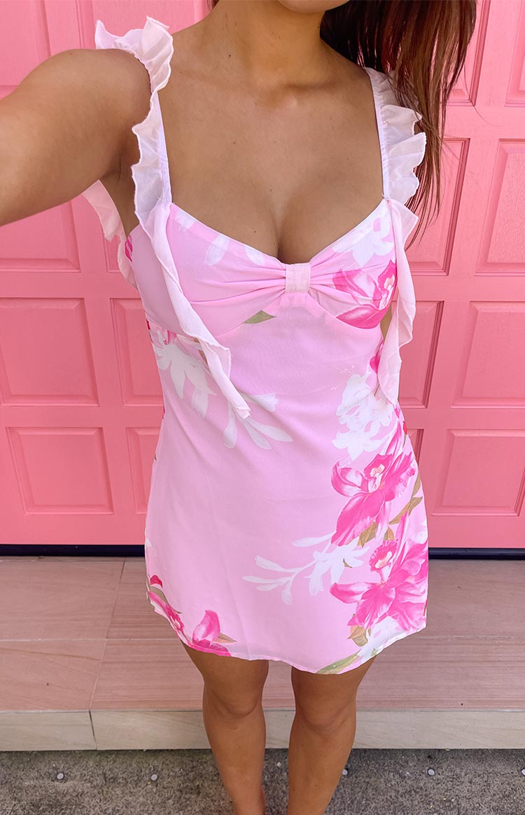 joyce pink floral mini dress Joyce Pink Floral Chiffon Mini Dress - PRE ORDER - US 2