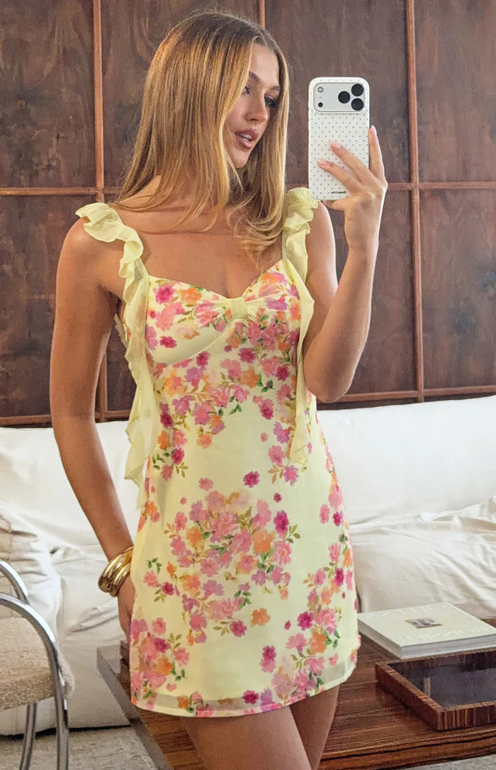 Joyce Yellow Bloom Chiffon Mini Dress | Beginning Boutique US