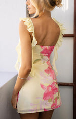 Joyce Yellow Lily Print Chiffon Mini Dress Image