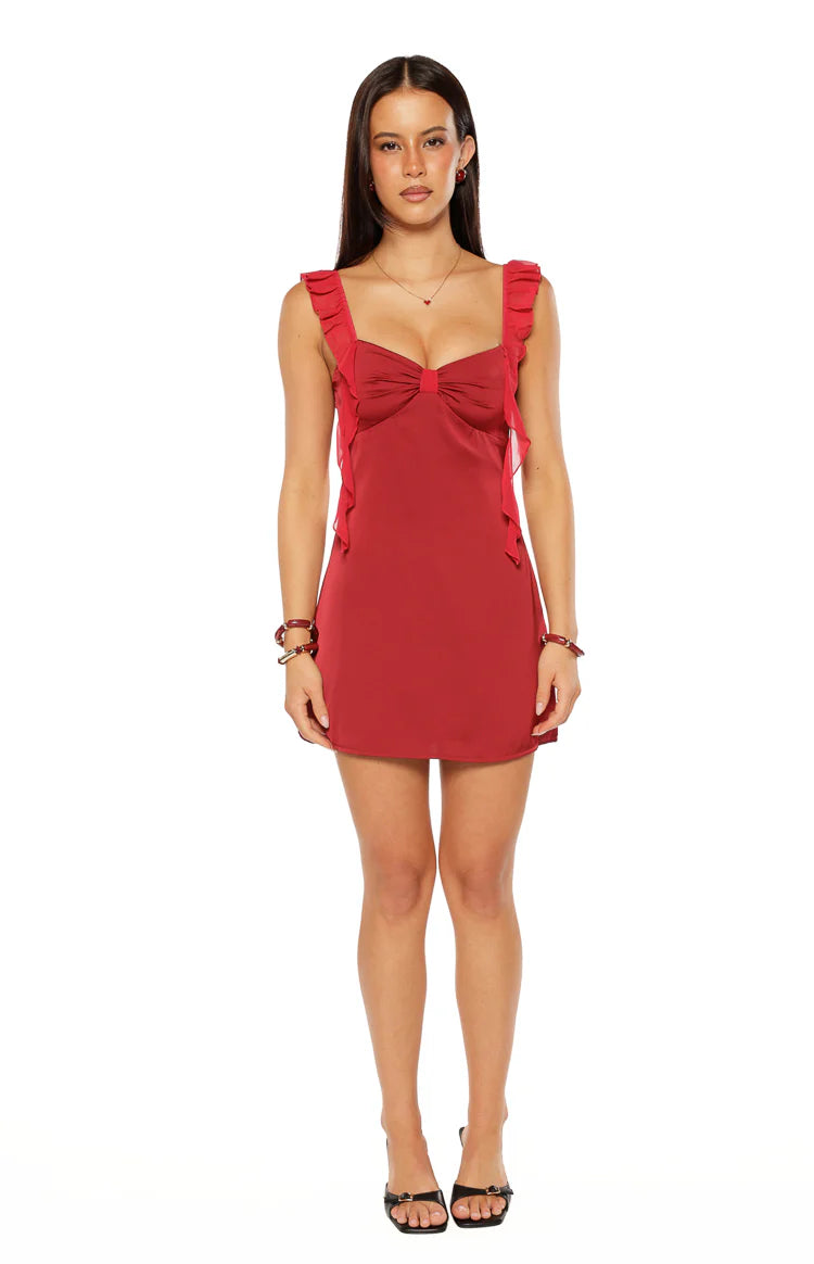 Joyce Burgundy Satin Mini Dress - US 18 | Beginning Boutique exclusive Joyce Burgundy Satin Mini Dress - US 18 | Beginning Boutique exclusive