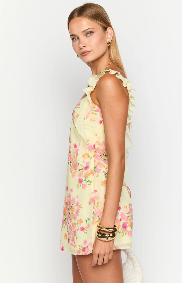 Joyce Yellow Bloom Chiffon Mini Dress - US 6
