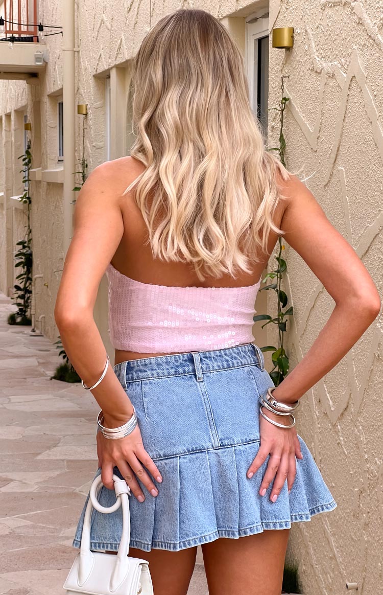 Julia Light Wash Pleated Denim Mini Skirt