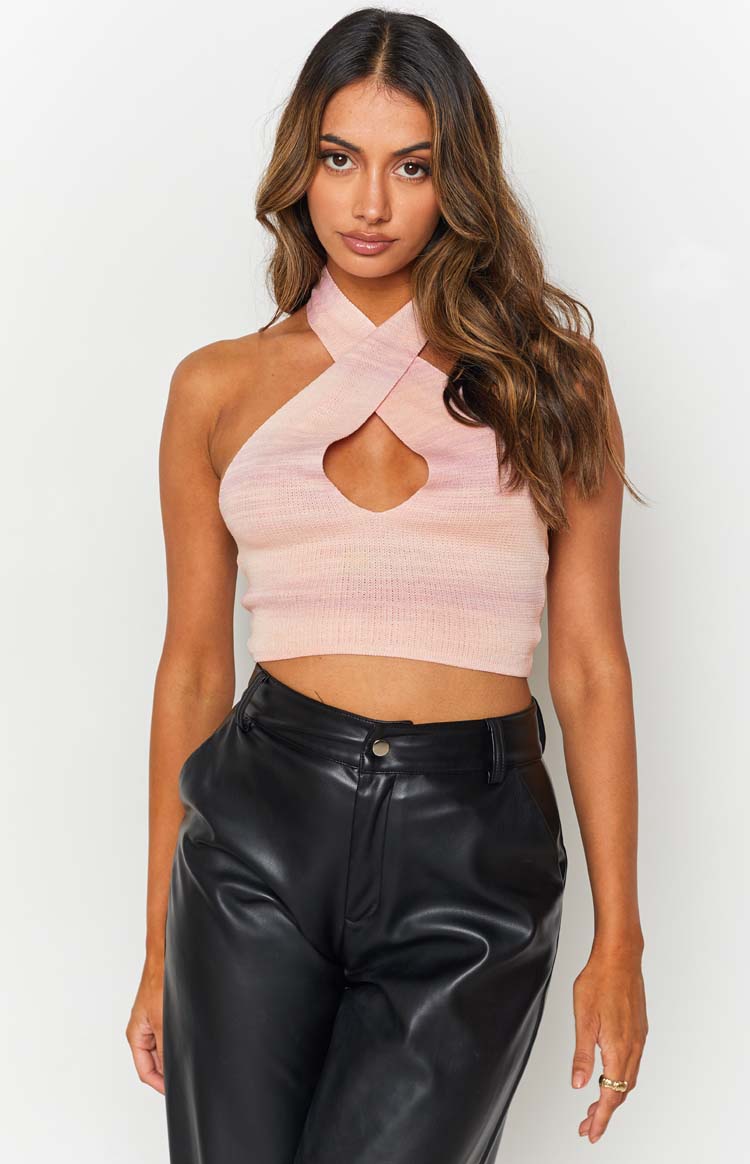 Honet - Button-Up Collared Halter-Neck Zigzag Knit Cropped Top