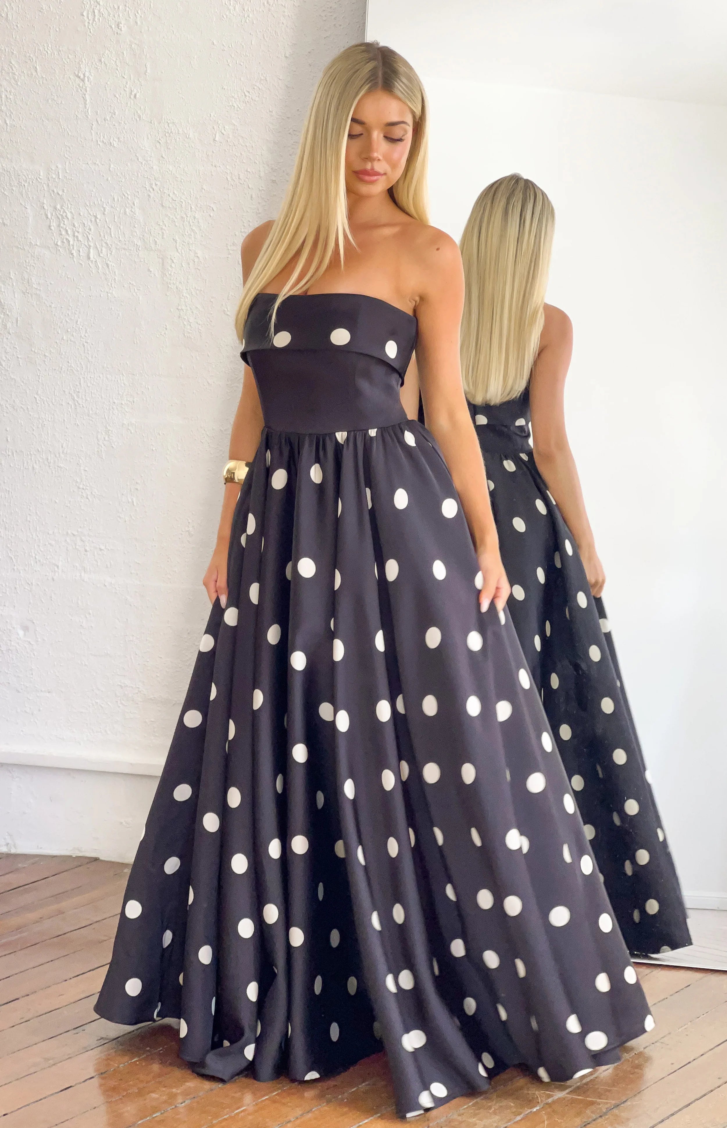Julianne Strapless Polka Dot Satin Maxi Dress - US 14