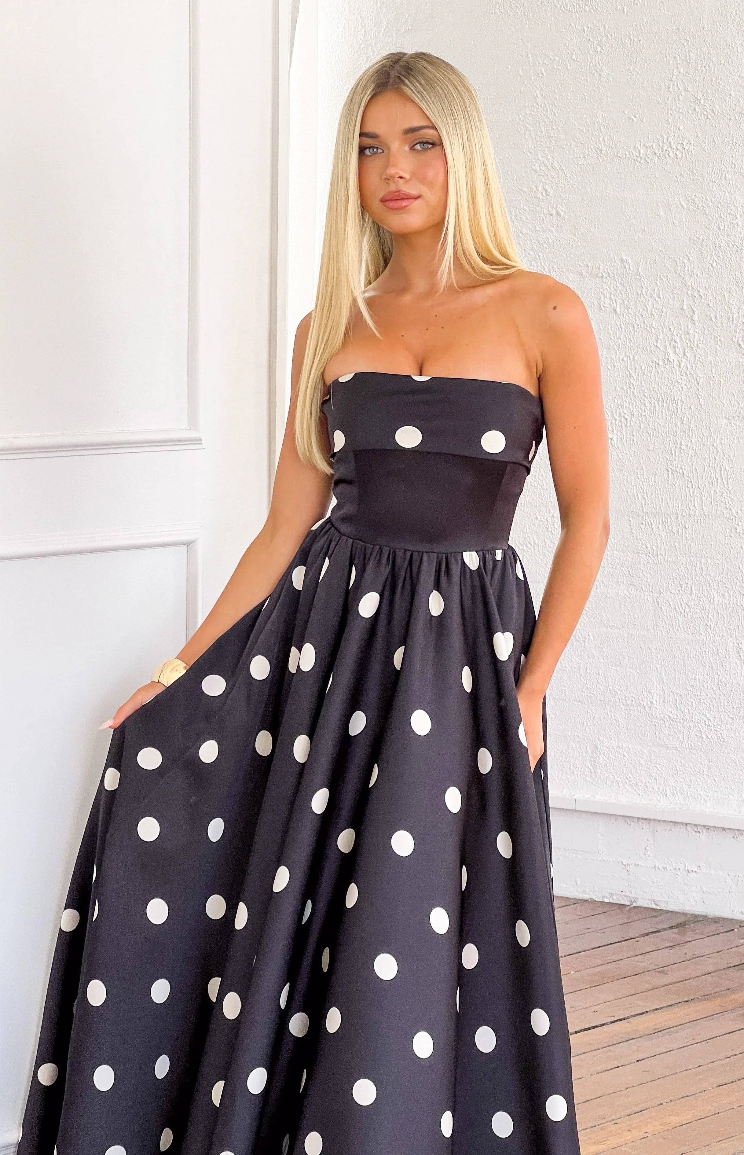 polka dot satin maxi dress The Albano Satin Polka Dot Maxi Dress in Black + White Piper & Scoot