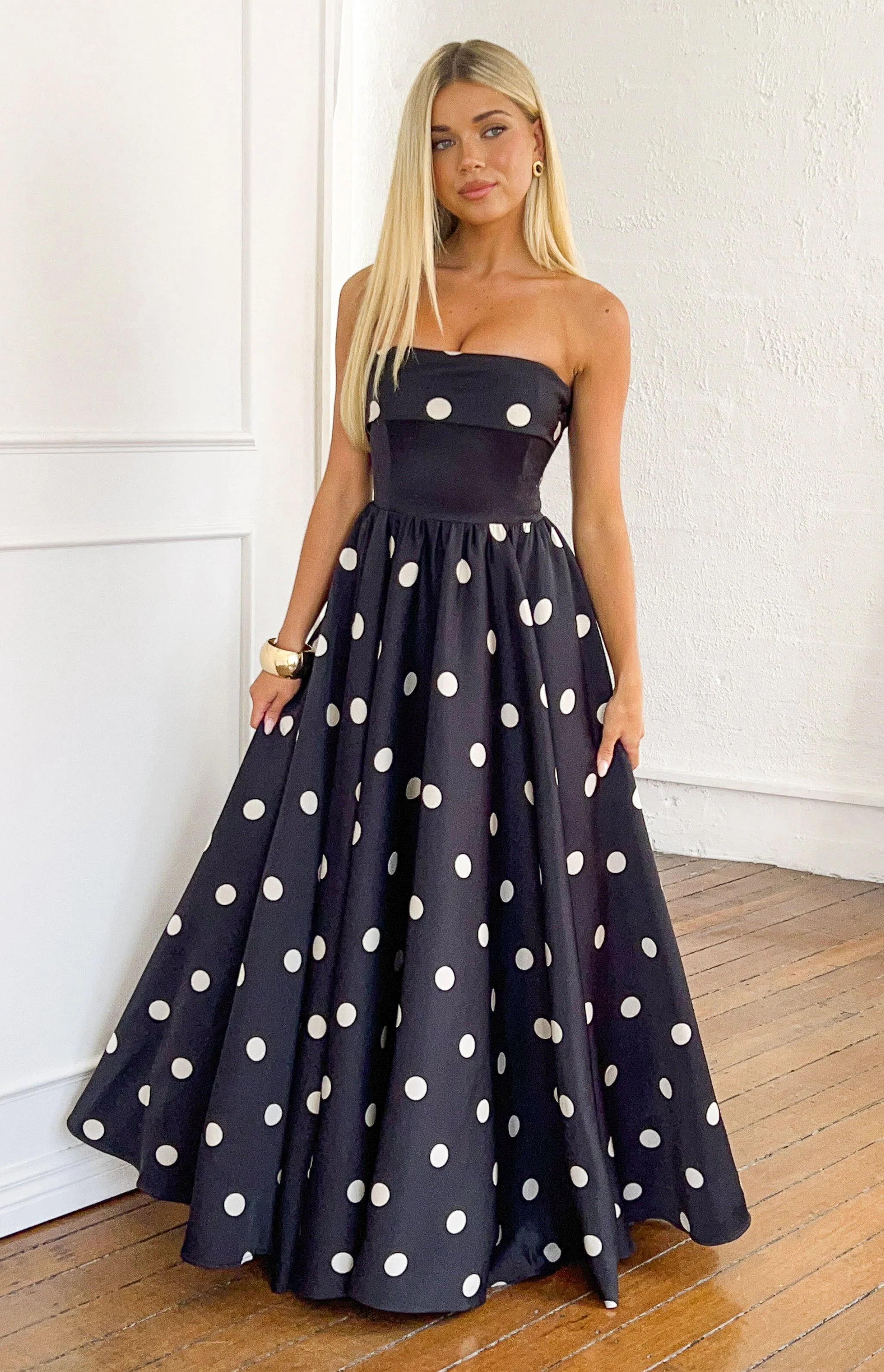 Julianne Strapless Polka Dot Satin Maxi Dress - US 14