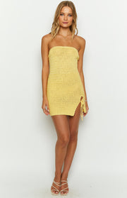 Yellow crochet knit strapless mini dress with a high side split and adjustable tie detail